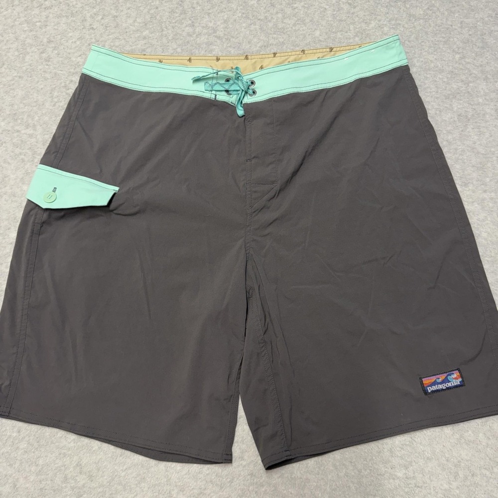 Patagonia Patch Pocket Wavefarer Board Shorts Mens 38 Gray Green Stretch